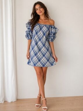 MAX STUDIO PLAID OFF SHOULDERS DRESS SIZE MEDIUM
